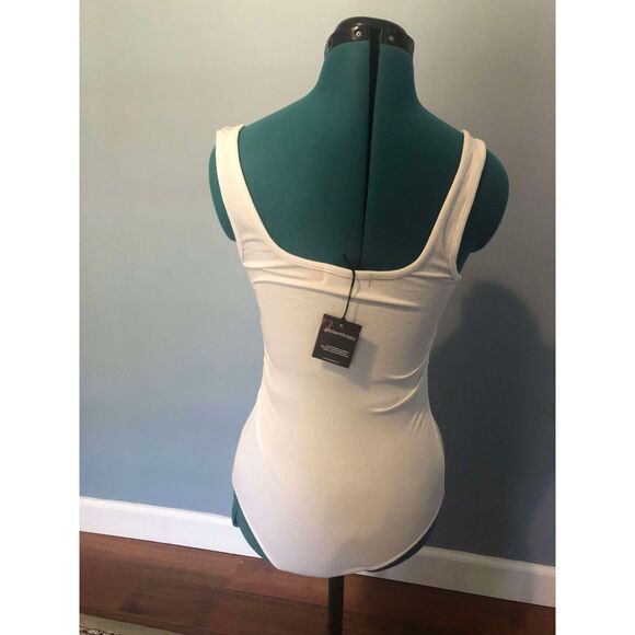 n: Prince White Bodysuit Ruched Ribbed Square Neck Women's size S, NWT - Picture 5 of 6
